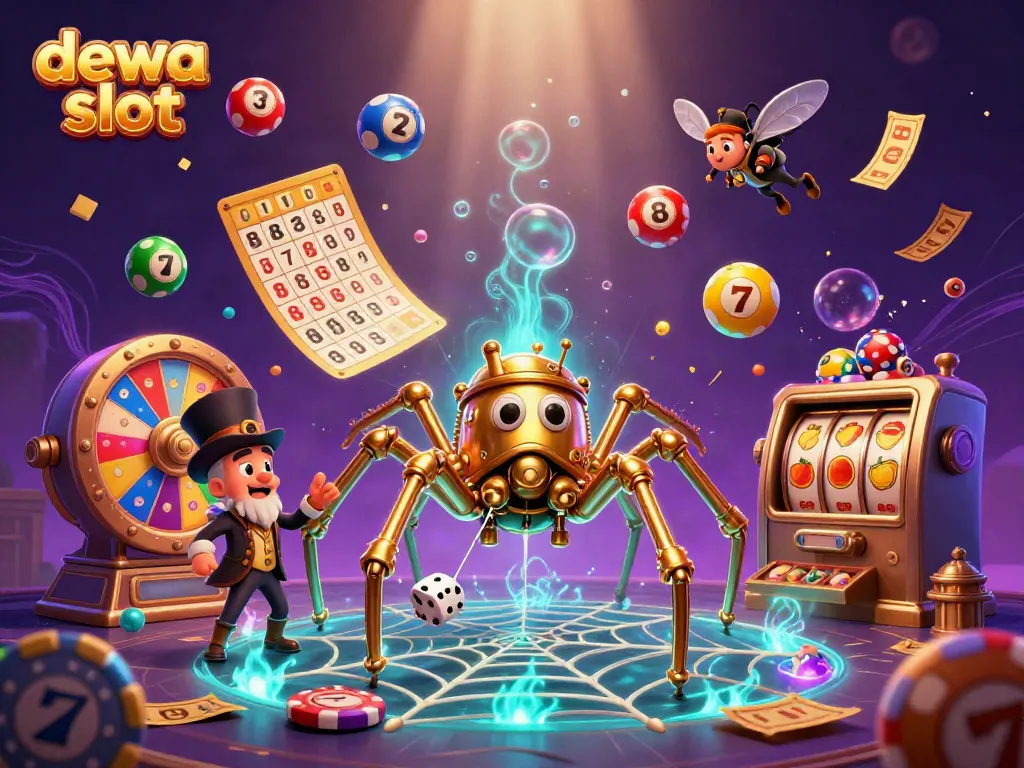 Mengalami keseruan Dewa Slot dengan ilustrasi 3D yang dinamis dan penuh warna dari karakter dan elemen permainan kasino.