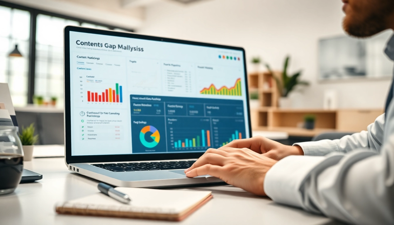 Visual representation of Content Gap Analysis metrics on a digital dashboard in a bright office.