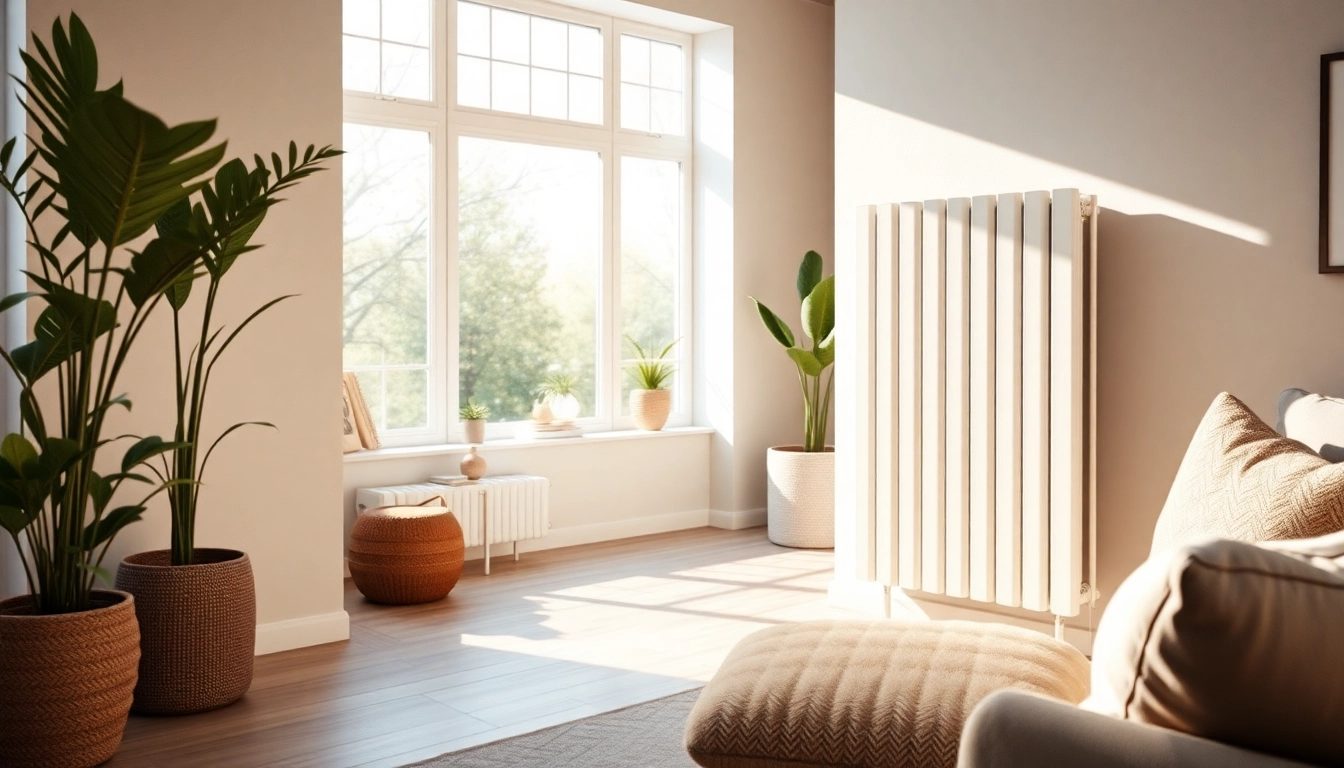 Heizkörper kaufen in modernem Wohnzimmer, stilvoll und einladend, mit natürlichem Licht.