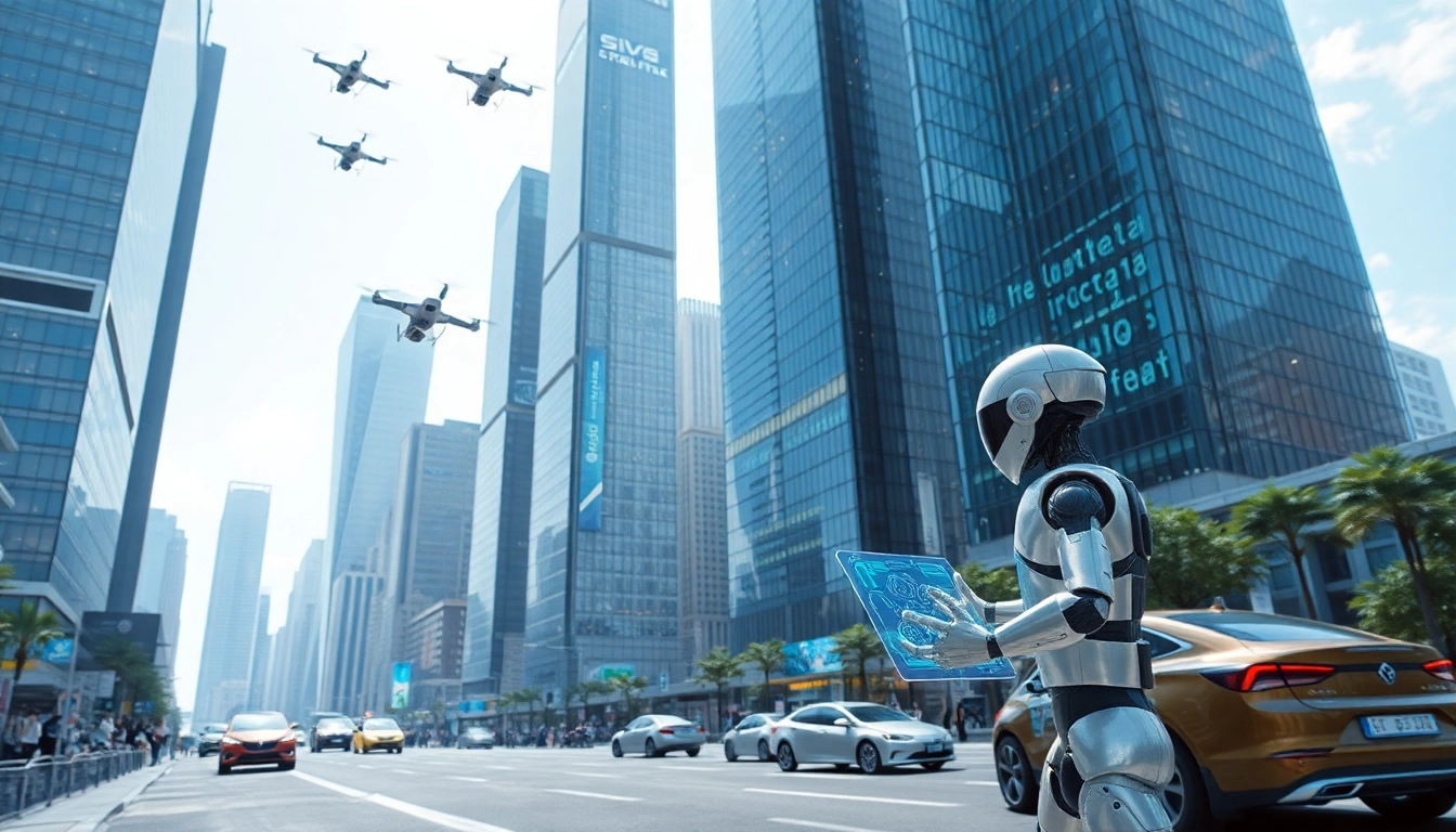 Engaging representation of Technology in a futuristic city, showcasing robots and digital interactions.