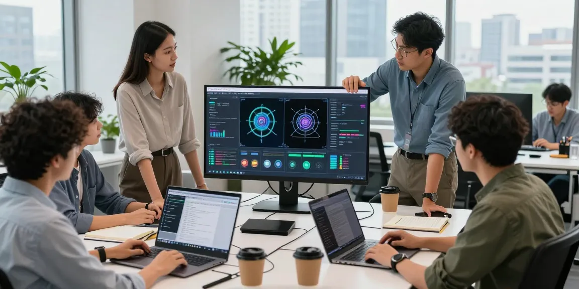 AI image detector session in a modern tech workspace with diverse team collaborating on image analysis and content moderation.