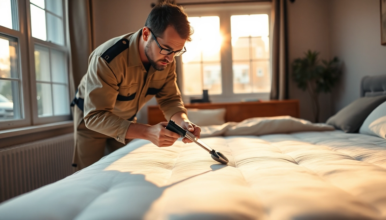 Experienced bed bug exterminator Milwaukee performing thorough inspection with specialized tools.