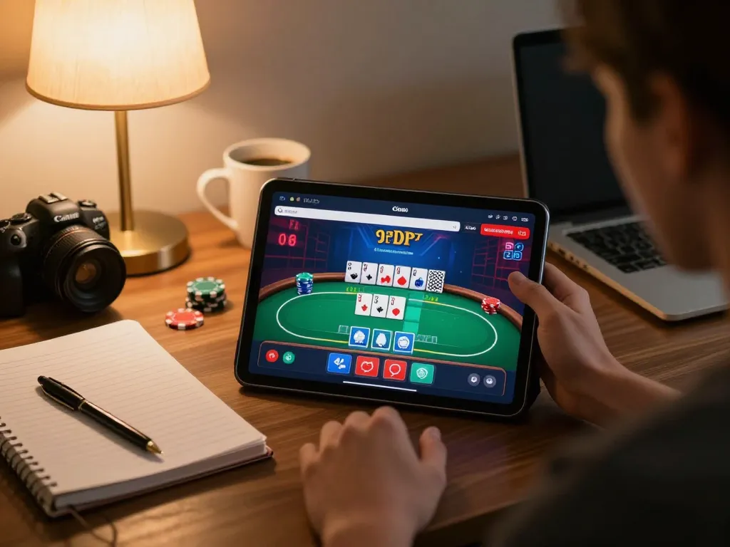 Playing online casinos in Canada reddit on a tablet at home, showing vibrant poker interface and cozy surroundings.