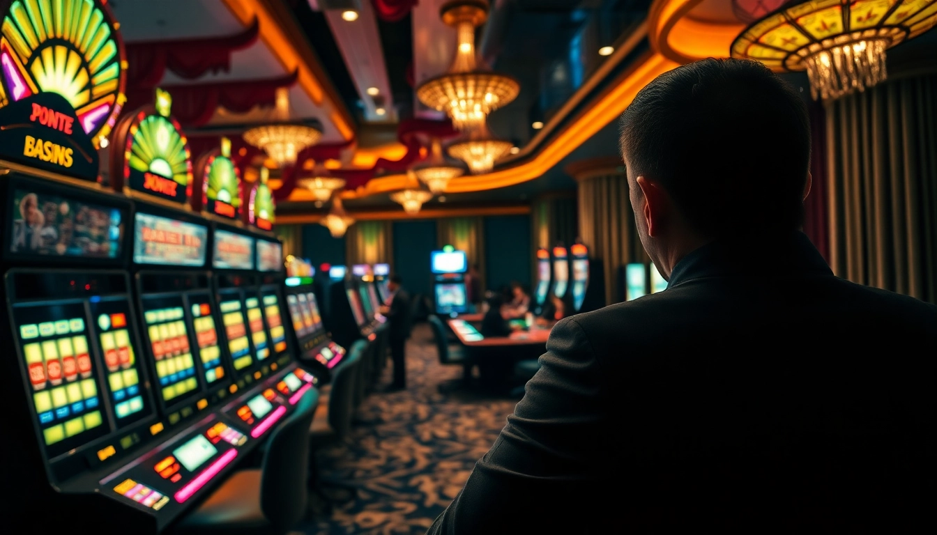 A player spins the reels on an agen toto slot machine in a luxurious casino setting, showcasing vibrant colors.