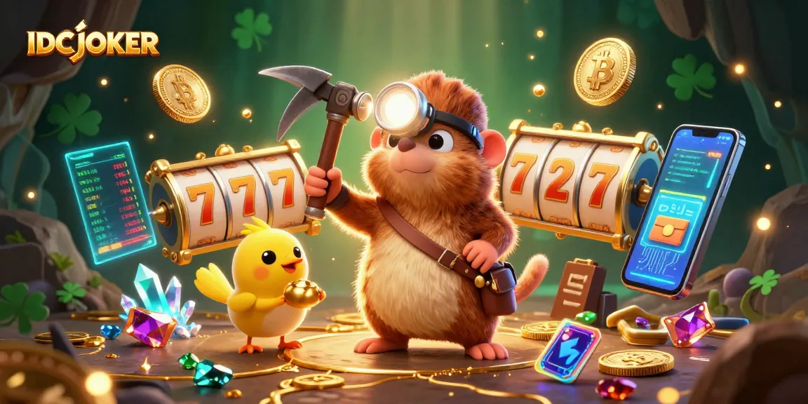 Experience thrilling slot action with IDCJOKER in a vibrant 3D cartoon illustration featuring a treasure hunter.