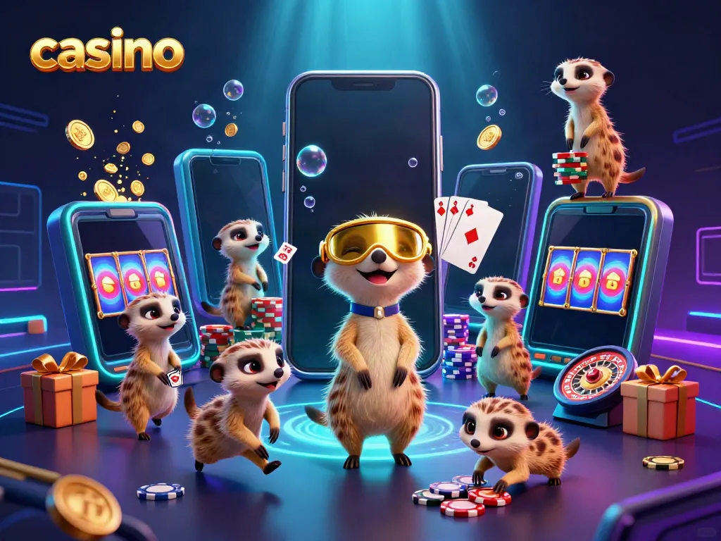 Meerkats operating a casino with cards and chips in a vibrant, colorful scene.