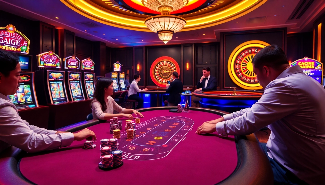 Experience the thrill of onicplay with players at a high-stakes casino table, surrounded by vibrant slot machines and a roulette wheel.
