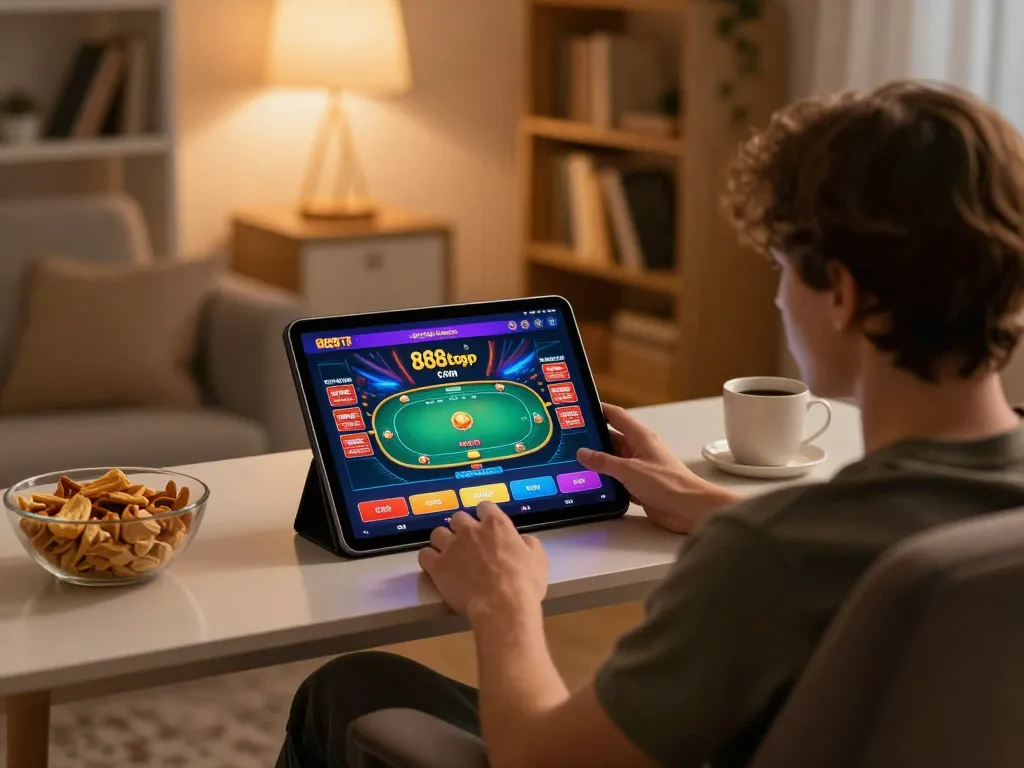 Engaged user playing 888top com casino app on tablet in a cozy home setup