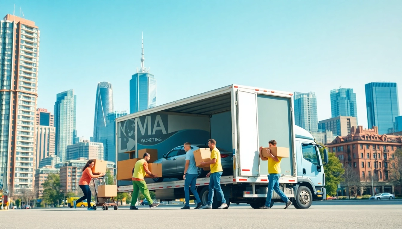 Toronto movers efficiently loading furniture into a moving truck against a vibrant city backdrop.