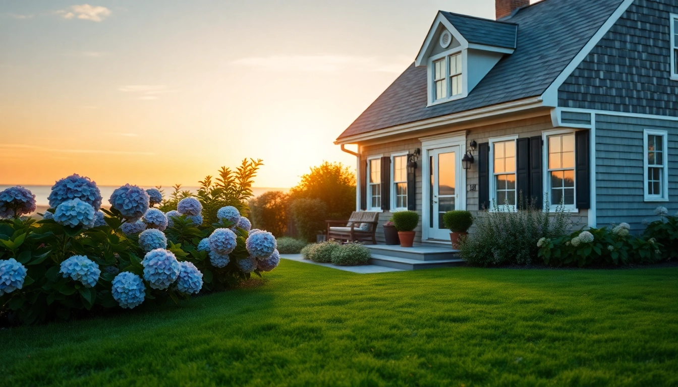 Beautiful cape cod home with blooming hydrangeas in a serene coastal setting.