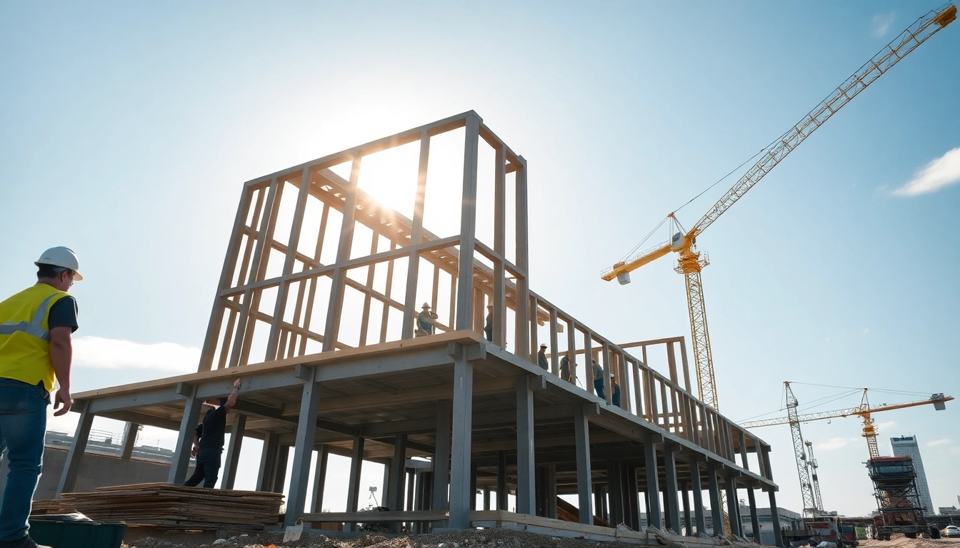 Austin construction workers erecting a building framework at a busy site.