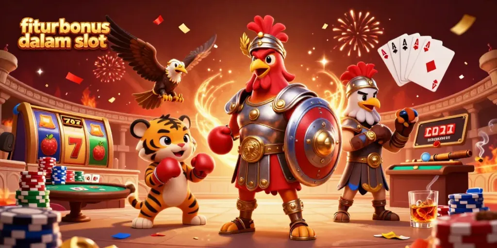 Menangkan fitur bonus dalam slot dengan ilustrasi 3D dinamis dari penguin bertopeng dan harta karun yang menanti.