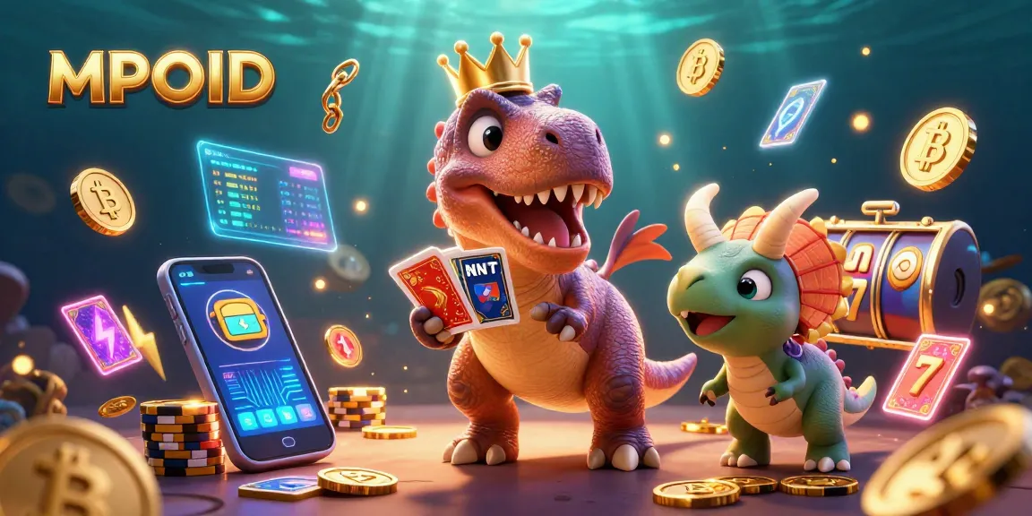 MPOID showcases vibrant characters in a casino setting, spinning cards and stacking chips with dynamic elements.