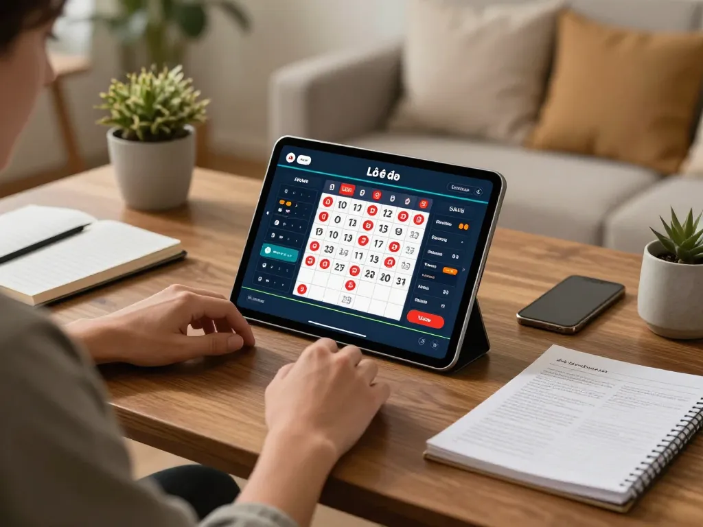 Person engaged in lô đề online betting strategy with tablet and notes in warm home setting