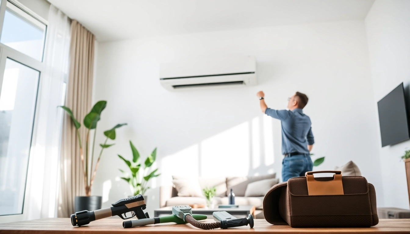 Technician installing a daikin mini split ac in a modern living room.