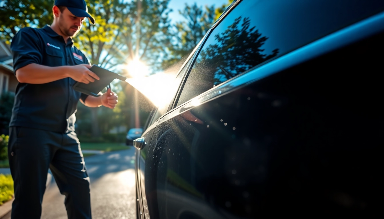 Mobile steam cleaning auto service showcasing a technician cleaning a vehicle in a sunny driveway.