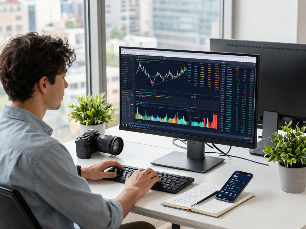 TradingView charts displayed on a monitor in a modern office workspace showcasing real-time market analysis and alerts.