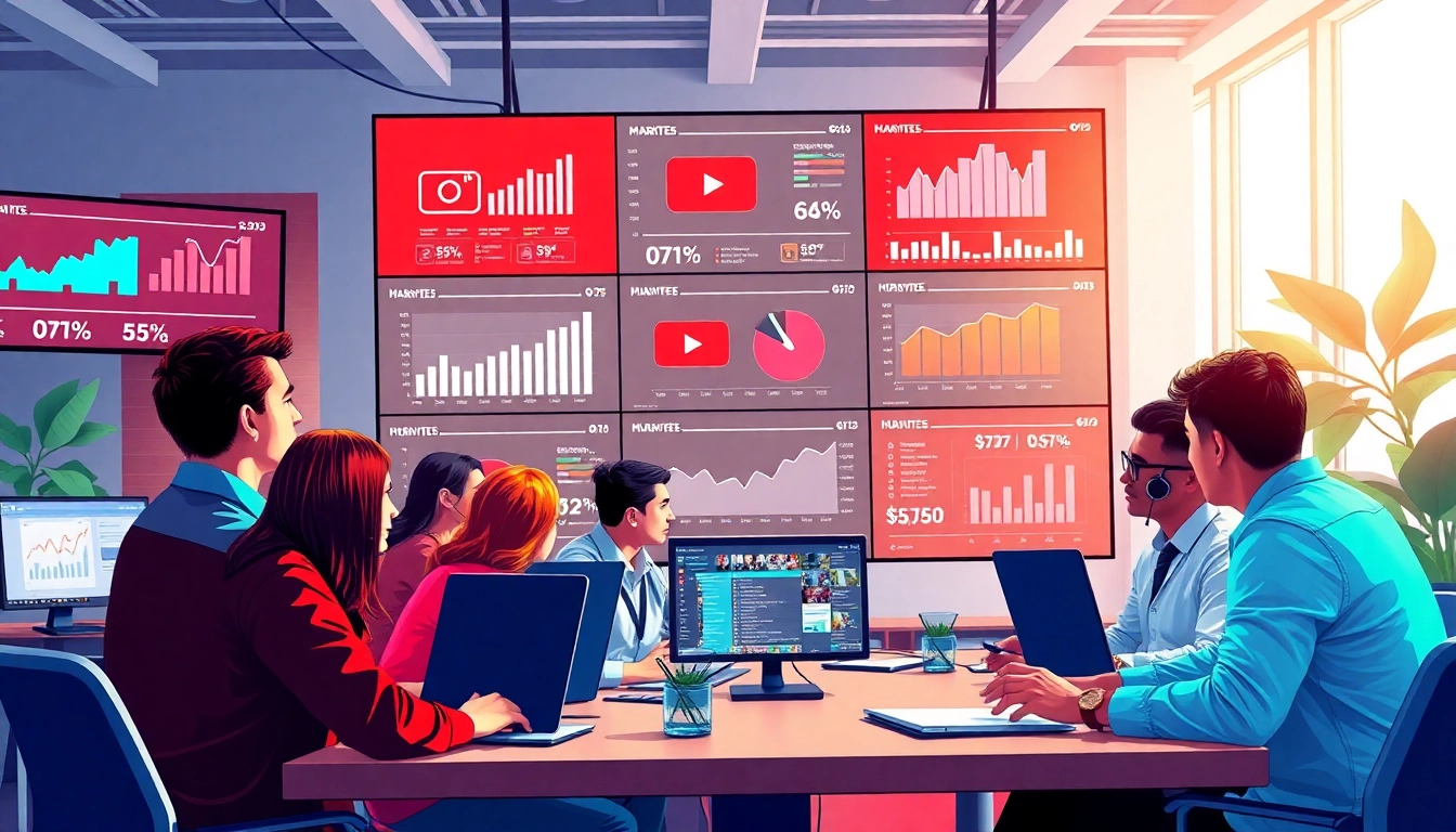 YouTube SMM panel workspace with diverse marketers collaborating and analyzing metrics together.
