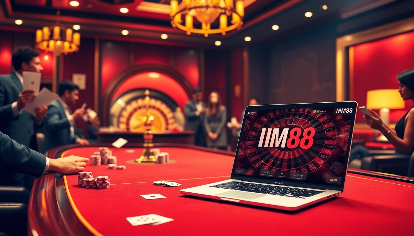 Experience MM88's dynamic online gaming with vibrant casino visuals, poker chips, and roulette excitement.