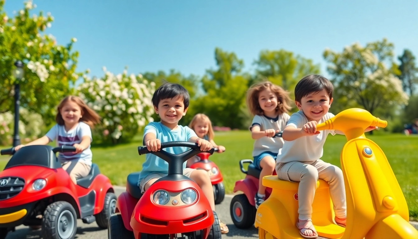 Children enjoying ride on toys in a sunny park, highlighting vibrant playfulness and joy.