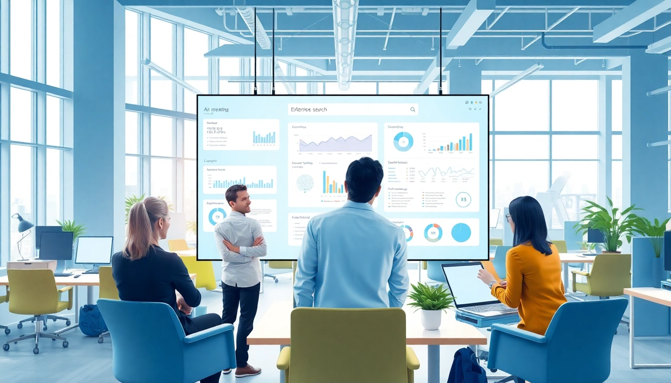 Illustration of AI enterprise search tools enhancing collaboration in a modern office environment.