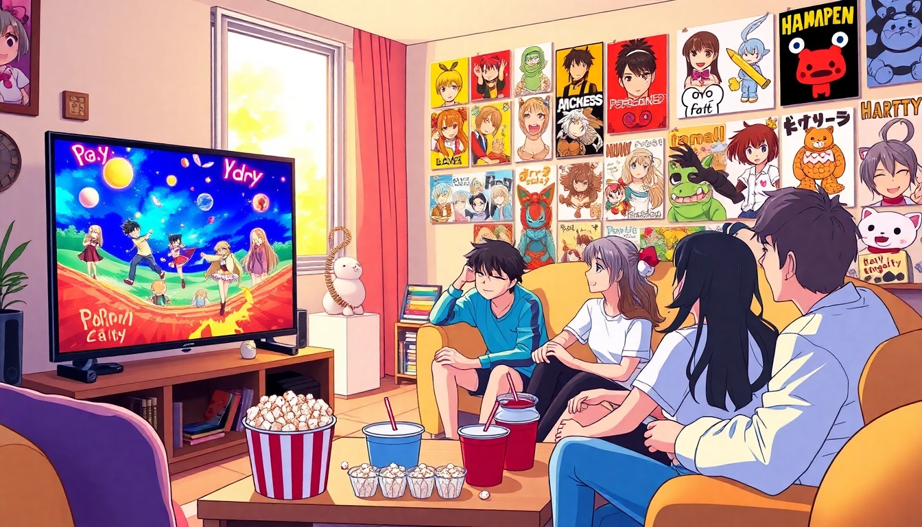 Viewers joyfully watch anime series online in a cozy setting filled with anime decor.