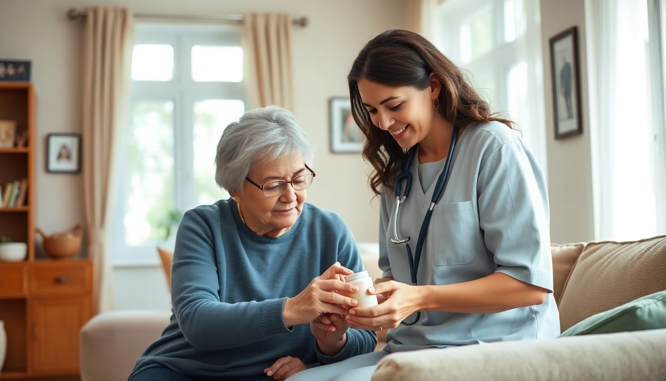 Austin senior home care scene showing a caregiver assisting an elderly person in a comfortable home.