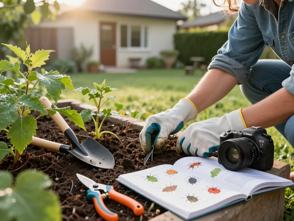 Homeowner reviewing a pest control guide while inspecting his garden for pests