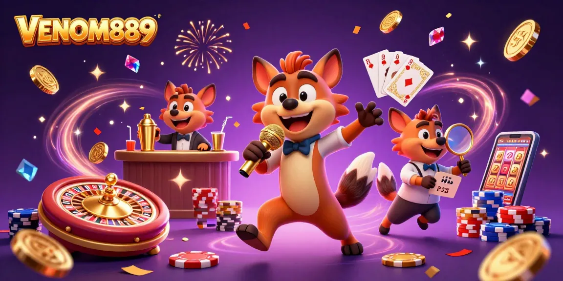 Celebrate entertainment at VENOM889 casino with lively hyenas in a dynamic gaming scene featuring luck and fun.