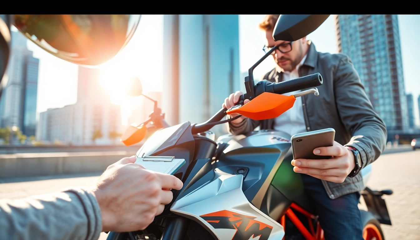 Motorrad ankauf eines KTM Motorrads in urbaner Umgebung mit professionellem Experten.