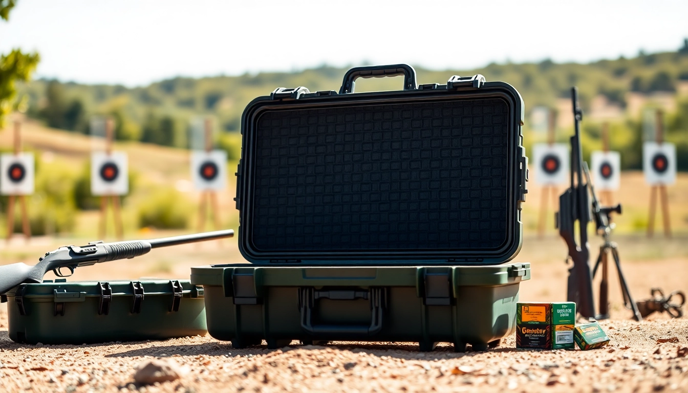 Showcasing a durable pelican rifle case in a scenic outdoor environment for firearm protection.