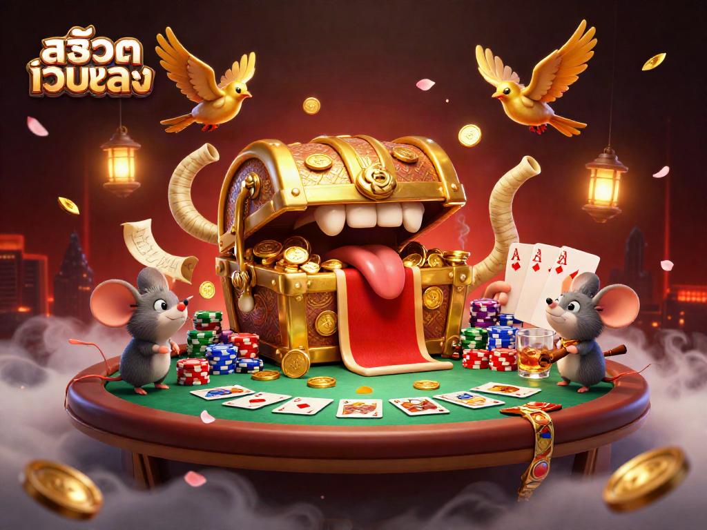 Engaging scene of สล็อตเว็บตรง treasure chest enticing adventurer mice amidst poker chips.
