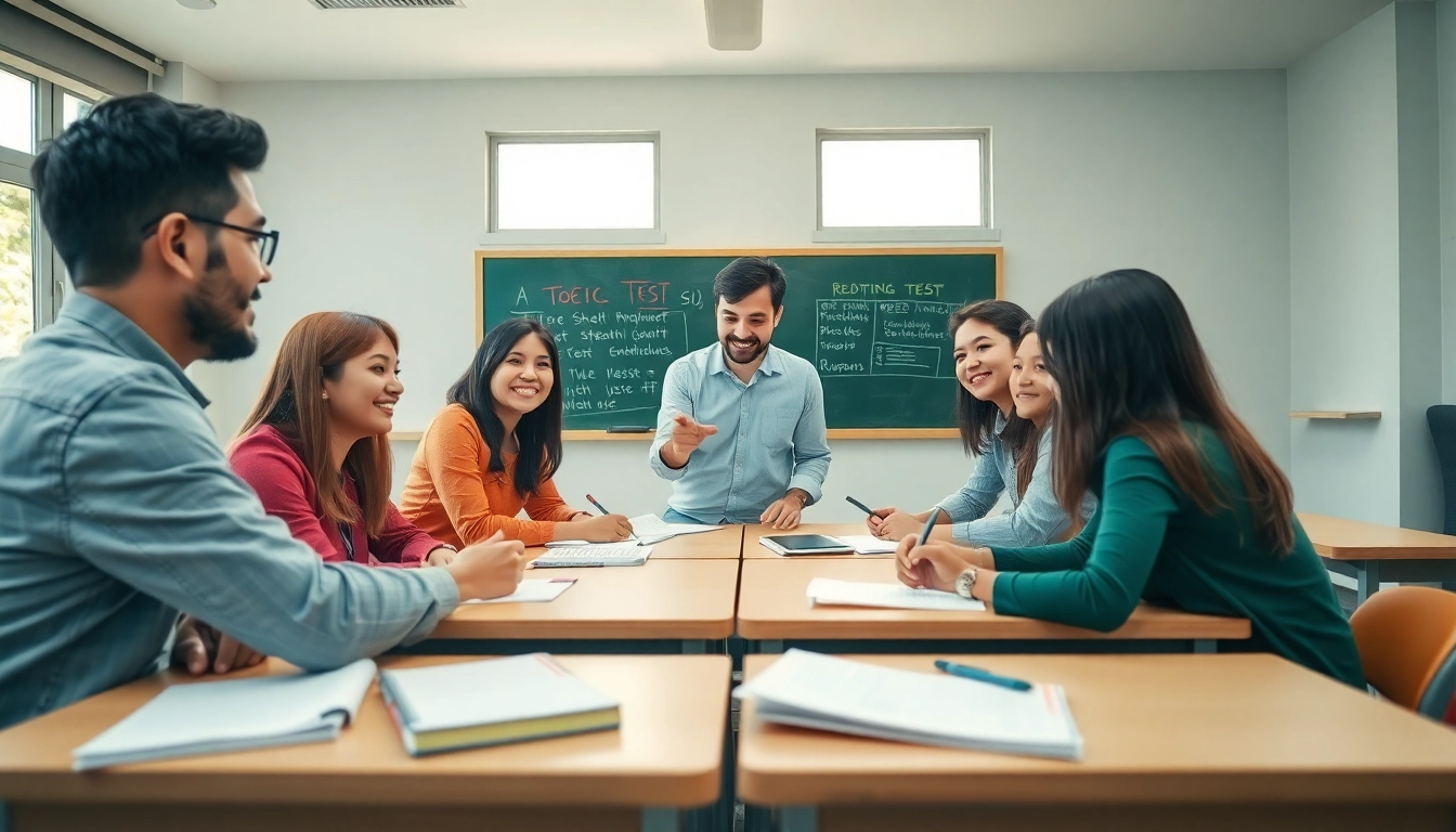 A vibrant classroom scene with TOEIC test takers for hire engaging with an English tutor.