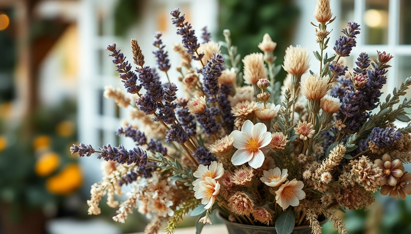 Dried Blooms elegantly arranged in a rustic vase, showcasing vibrant textures and colors.