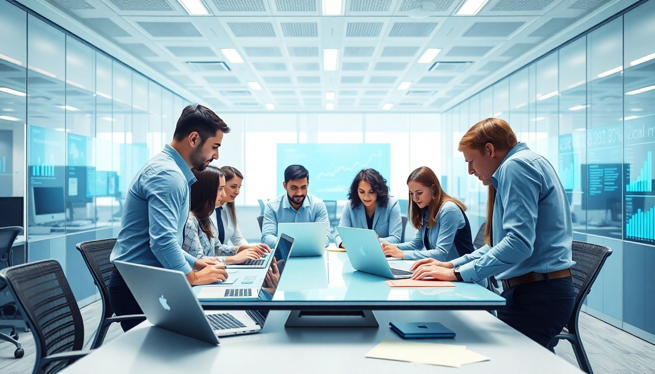 Demonstrating enterprise assistant software with a team collaborating in a modern office.