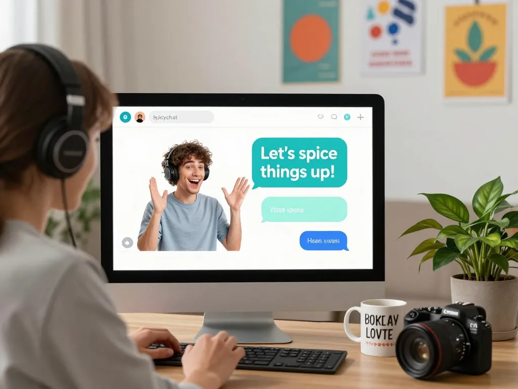 Engaged user having a lively conversation using spicychat interface in a cozy home office.