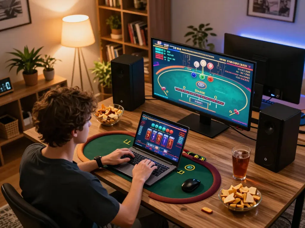 Engaging in Daftar Igamble247 online casino gaming from a comfortable home setup with laptop and snacks.
