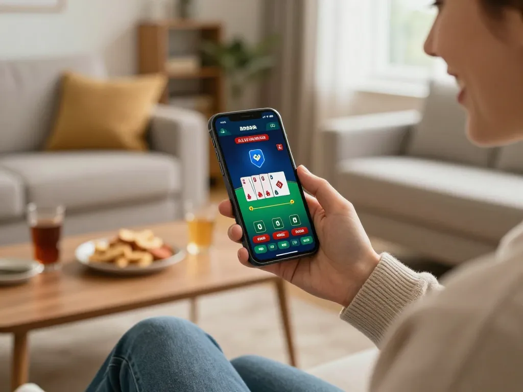 Player enjoying the RR88 App on smartphone, engaged in a virtual gaming session in a cozy home environment.