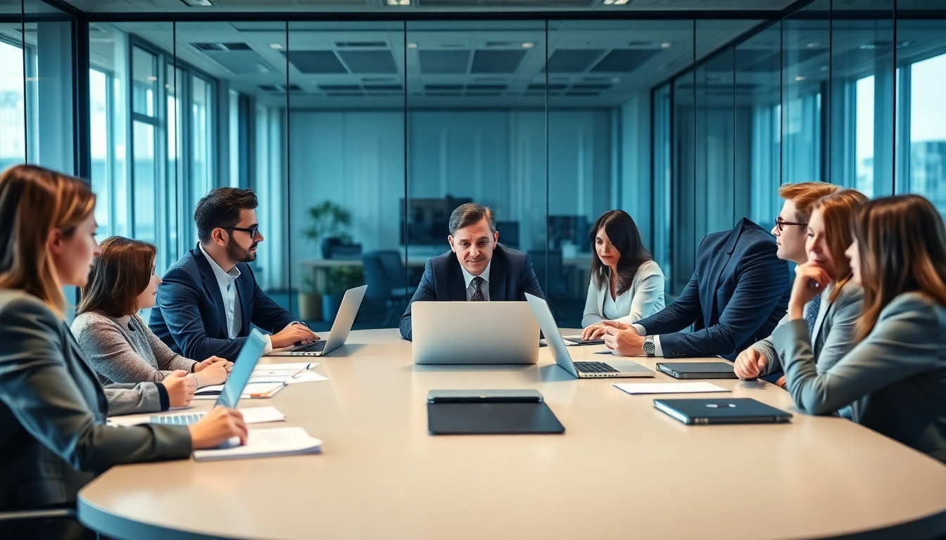 Executive search consultant leading a strategic meeting in a modern office environment.