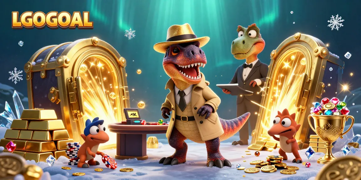 Experience the thrill of LGOGOAL with a cartoon velociraptor at a blackjack table amidst treasure and excitement.
