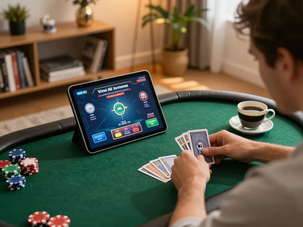 Engaging online poker session visible on tablet showcasing hidden wiki onion links for strategic gaming.