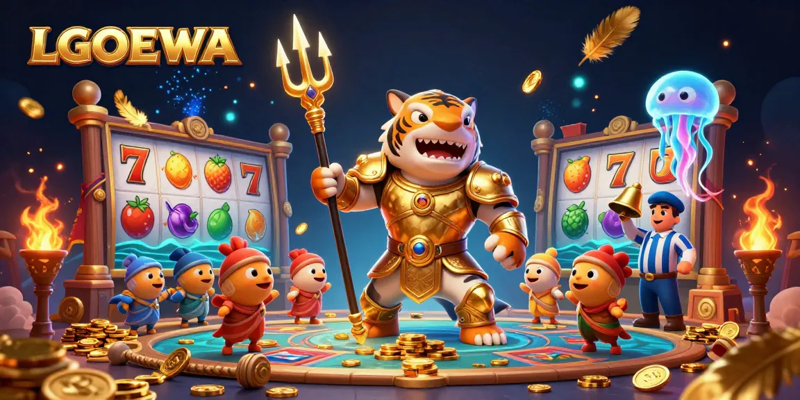 Engage with LGODEWA's underwater slot game arena, highlighted by a fierce shark in gladiator armor amidst vibrant game elements.