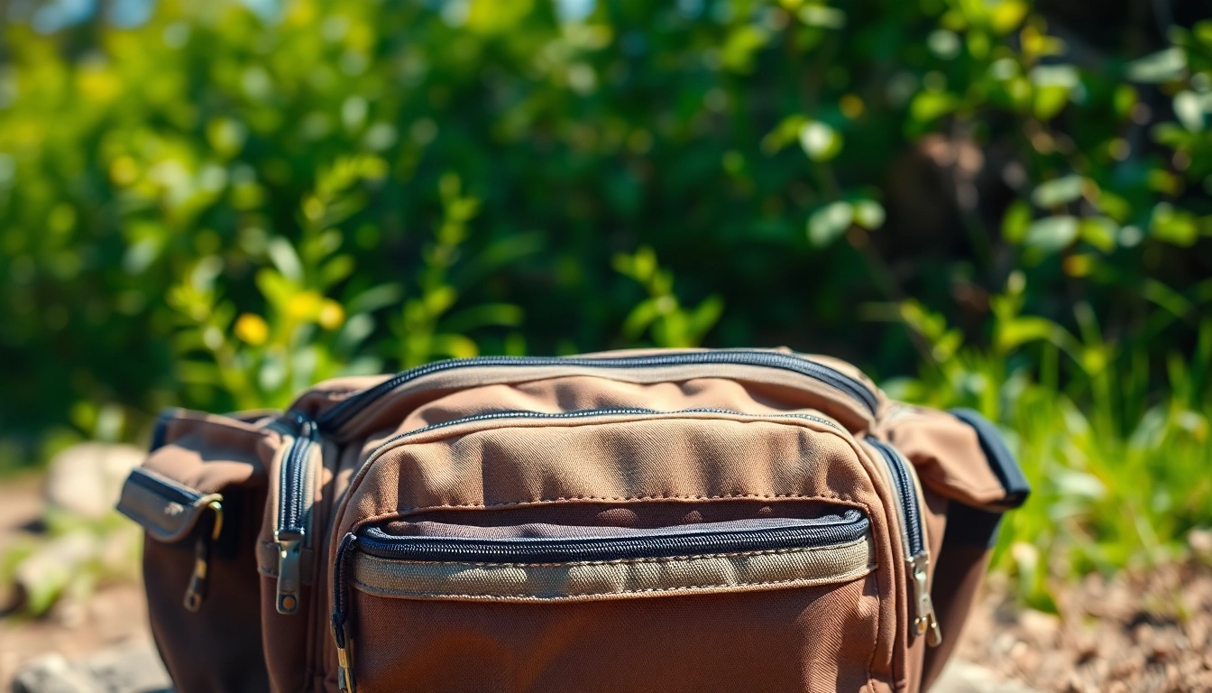 A person wearing a waist pack while hiking up a scenic trail surrounded by nature.