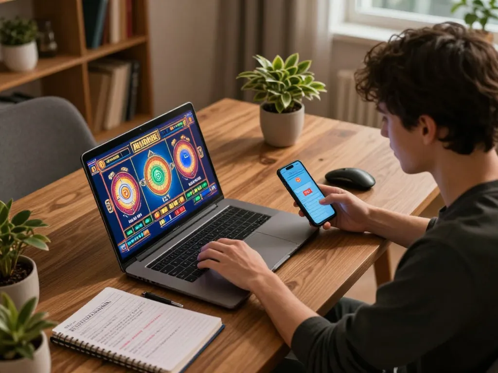 Engage in slot gacor malam ini with a player utilizing laptop and phone in a cozy, strategic gaming environment