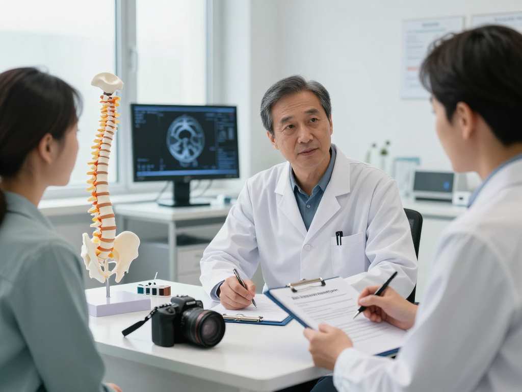 Patient discussing Bel kayması ameliyatı with a surgeon in a modern clinic.