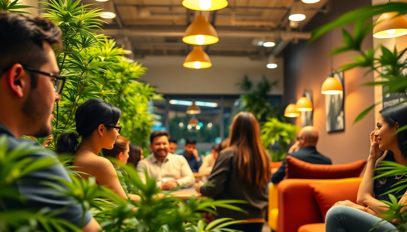 Mitglieder der bluetenbande genießen ihren Aufenthalt in einem einladenden Cannabis-Club.