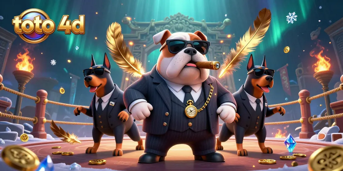Experience the thrill of toto 4d with a triumphant bulldog and its bodyguards in a vibrant gambling arena.