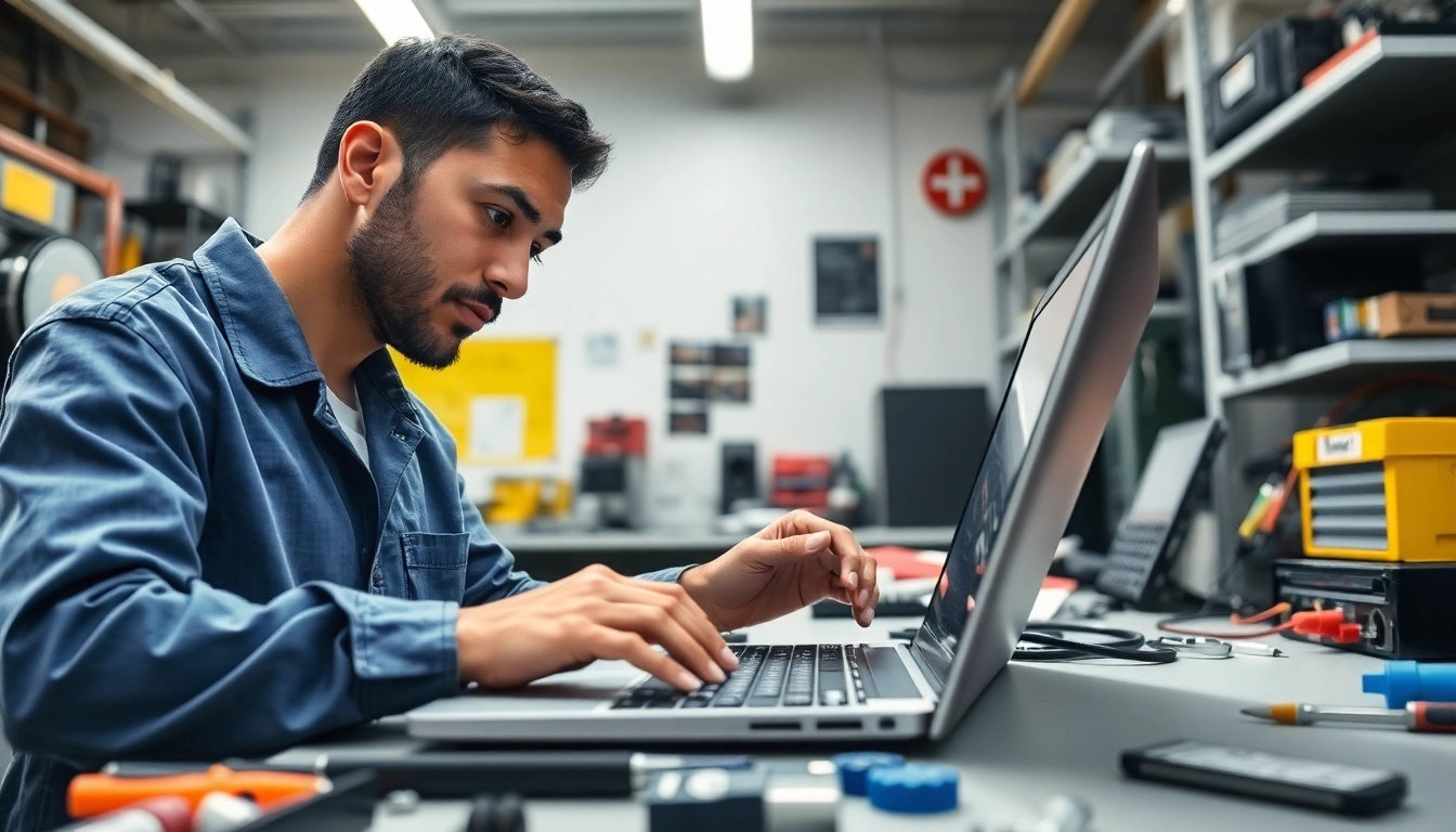 Expert performing computer repair on a laptop in a well-equipped workshop.