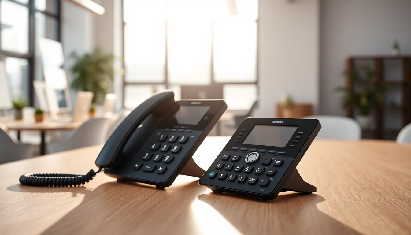 Showcasing small business phone service in a modern office setup with sleek devices and natural lighting.