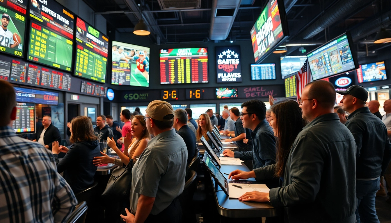 Engaging scene of Georgia sports betting with fans cheering and placing bets.